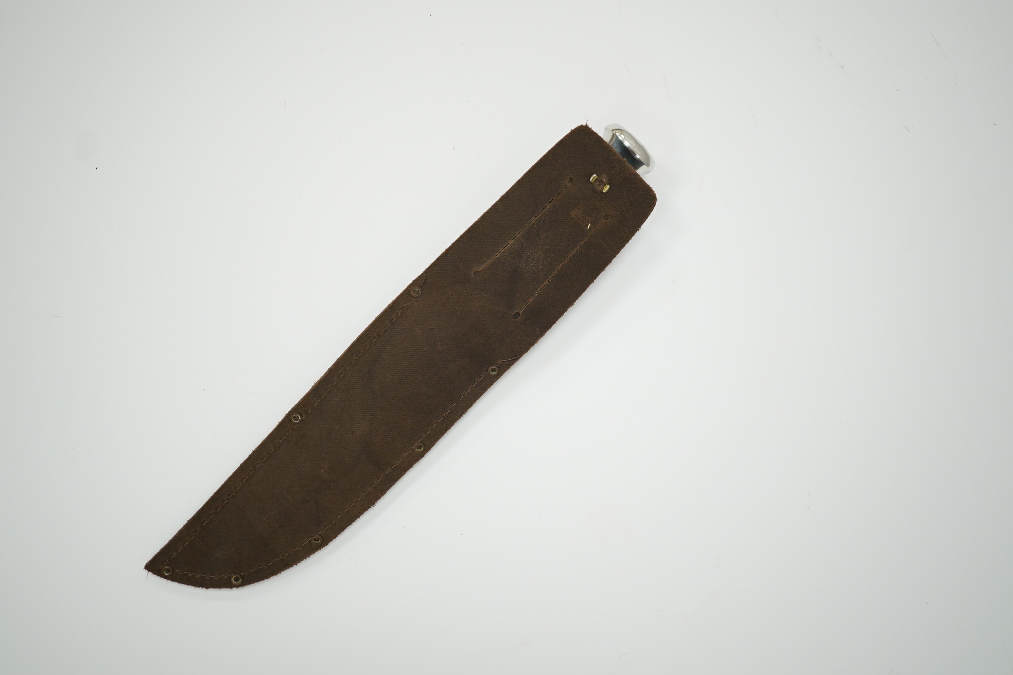 A small bowie knife by R. Cooper in its leather sheath, blade 15cm. Condition - good